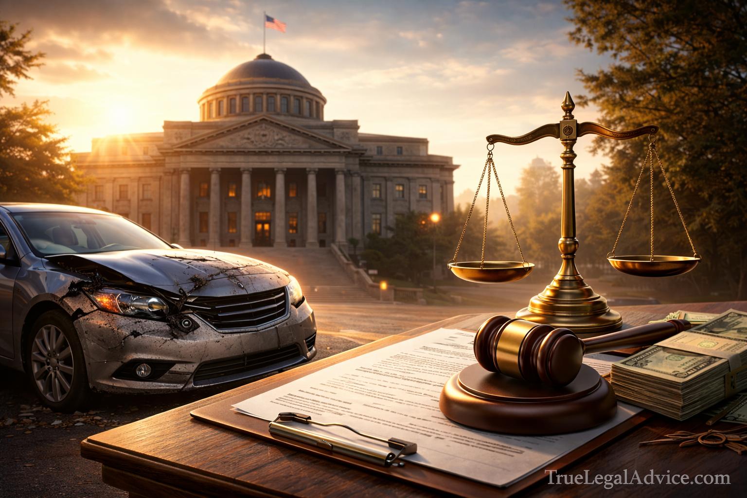 Texas car accident settlement guide banner showing crash scene, legal documents and financial compensation modeling in Texas.