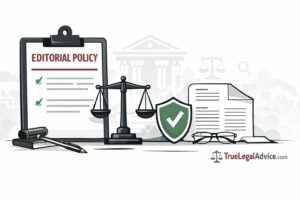 Editorial policy illustration showing legal review process, scales of justice, and content verification standards