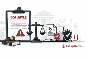 Legal disclaimer illustration showing document notice, scales of justice, and legal content limitations at True Legal Advice